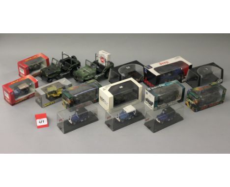 Thirteen boxed diecast military and civilian Jeep models by New-Ray, Schuco and others in a variety of different scales toget