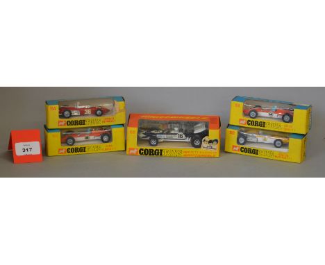 Five boxed Corgi Toys diecast model Racing Cars, 150 Surtees, 154 Ferrari, 2 x 158 Lotus Climax and 159 Cooper Maserati. Over