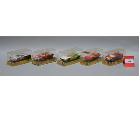 Five boxed Dinky Toys diecast model cars, 132 Ford 40-RV, 189 Lamborghini Marzal, 220 Ferrari P5, 224 Mercedes Benz C.III and