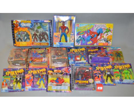 14 x Spider-Man toys by Ideal, Toy Biz, etc. Mostly carded action figure but also includes a board game and larger size figur