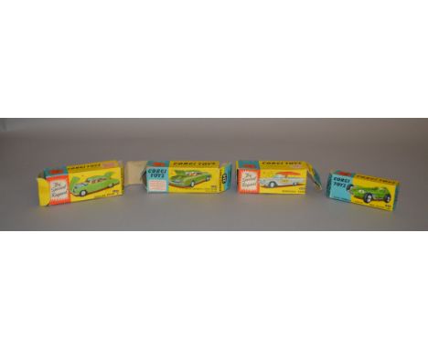 Four empty Corgi Toys boxes for model cars, 152, 224, 238 and 430. The blue and yellow boxes range from F to G with some crus