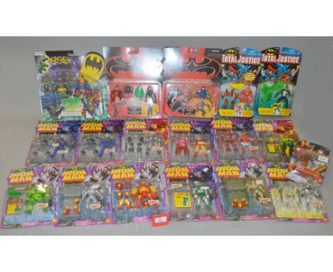 Quantity of Marvel and DC action figures: 13 x Toy Biz Iron Man; Hasbro Iron Man; two Kenner Total Justice; two Kenner Batman