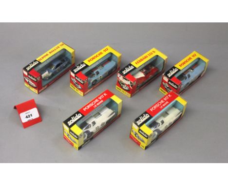 Six boxed Solido diecast Racing Car models, 181 Alpine Rallye 1600, 182 Ferrari 512S, 2 x 186  Porsche 917, and  2 x 198 Pors