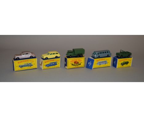 Five boxed Lesney diecast models from the 'Matchbox 1-75 Series' range, 12b Land Rover BPW, 38b Vauxhall Victor Estate, 40b L