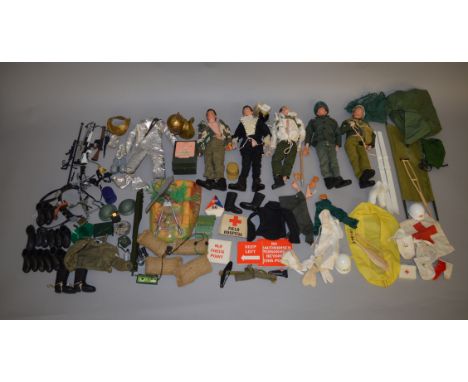 Palitoy Action Man: five figures, one with painted hair (F, most with missing or perished hands); selection of clothing and a