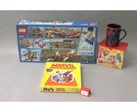 Mixed lot: Lego City 60103 set, unopened; TSR Marvel Super Heroes role playing game; Disney Store Amazing Spider-Man mug, box