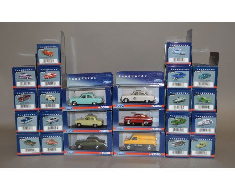 24 x Corgi Vanguards Ford 1:43 scale diecast model cars. Some models have been on display and are not screwed into bases, but