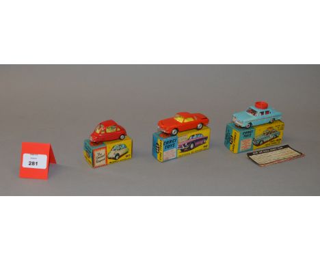 Three boxed Corgi Toys, 233 Heinkel Economy Car in red, 236 Austin A60 Driving School Car and 239 Volkswagen 1500 Karmann Ghi