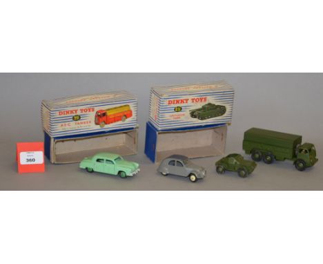 Four unboxed Dinky Toys, 172 Studebaker, 622 10 Ton Army Truck, 673 Scout Car - no driver and from the French Dinky range a 2