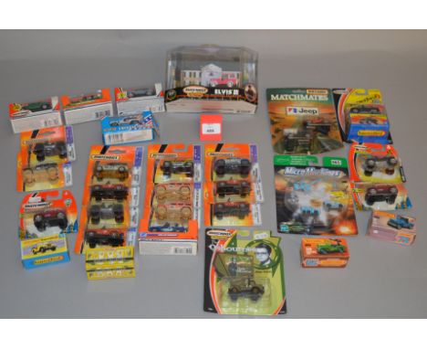 A selection of boxed and carded Matchbox Jeep models including items from the 'Superfast' range and an 'Elvis' pink Jeep mode