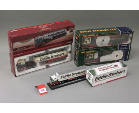 Three boxed Corgi Eddie Stobart diecast model trucks in 1:50 scale, CC15207 MAN Fuel Tanker, CC12802 Scania T Bulk Tipper and