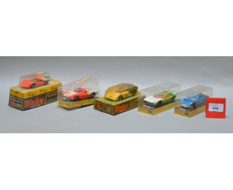 Five boxed Dinky Toys diecast model cars, 187 De Tomaso-Mangusta, 189 Lamborghini Marzal, 202 Fiat Abarth 2000, 216 Dino Ferr