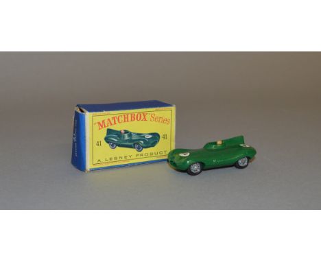 A boxed diecast model from the  Lesney 'Matchbox 1-75 Series', 41b Jaguar 'D- type' in green, RN '41' fiitted with 'wire' hub