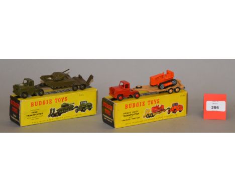 Two boxed Budgie Toys diecast models, 222 Tank Transporter with Tank and 234 International Transporter with Crawler Tractor, 