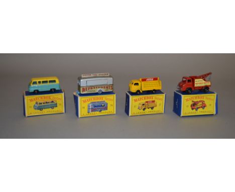 Four boxed Lesney diecast model cars from the 'Matchbox 1-75 Series' range in 'D type' boxes, 13c Wreck Truck with BPW  and c