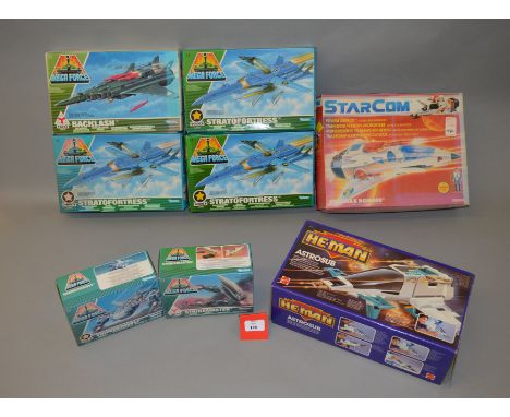 Vehicles for vintage action figures: Mattel He-Man Astrosub; Coleco Starcom Starmax Bombe; six Kenner Mega Force (three Strat