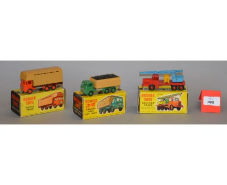 Three boxed Budgie Toys diecast models, 206 Leyland Hippo Coal Truck, 214 Salvage Crane and 220 Cattle Transporter, overall G