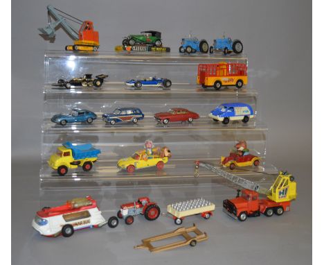 Nineteen unboxed playworn Corgi Toys diecast models including Mack Hi-Lift Crane Truck, Lunar Bug, 238 Jaguar Mk X and a Corg