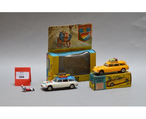 Two boxed Corgi Toys Citroen Safari diecast model cars, 436 'Wild Life', G in G box and 499 '1968 Winter Olympics' with figur