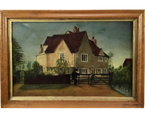 19th century naive oil on panel of a country house with two figures, 31cm x 50cm, in a maple frame