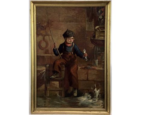 David James Vallance (Act 1870 - 1890) oil on panel, A boy fishing from the sea wall, a caught fish in his hand, signed and d