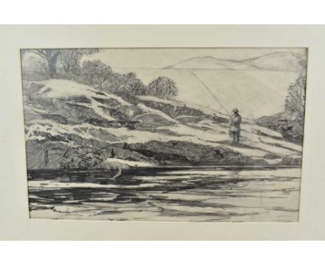 Henry Wilkinson (1921-2011) pencil sketch - Landing a Salmon, 18.5cm x 29.5cm, mounted