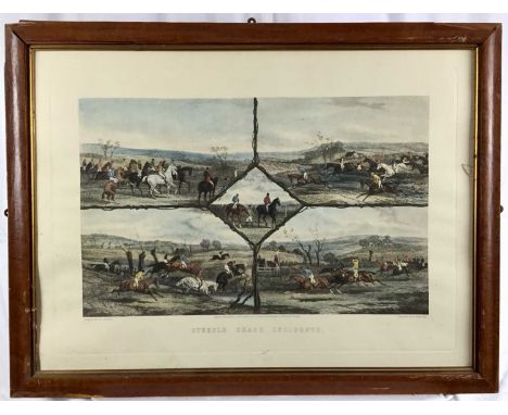Two 19th century coloured prints - Steeplechasing and Hunting, 45cm x 64cm, framed (without glass)
