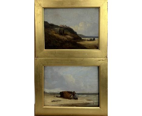 English School, 19th century, pair of oils on panel - Beach Scenes, 15cm x 20cm, in gilt framesThe board depicting the scene 