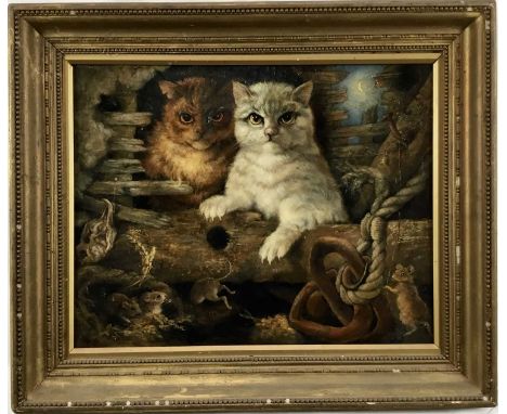 Late 19th / early 20th century oil on canvas, Menacing cats and mice by moonlight, 33 x 47cm, framedCondition is generally po