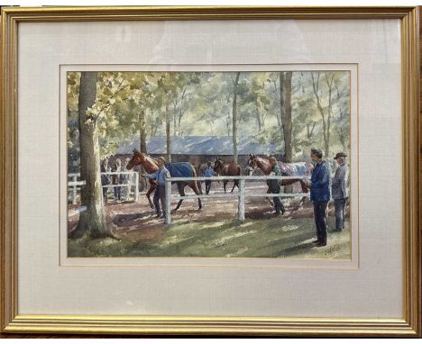 Katy Sodeau, contemporary, watercolour - 'Pre-parade ring', signed, 25cm x 38cm, in glazed gilt frame