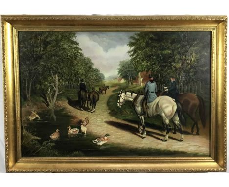 John R Marshall, oil on canvas, a wooded landscape with elegant equestrian figures passing a duck pond, signed, in gilt frame