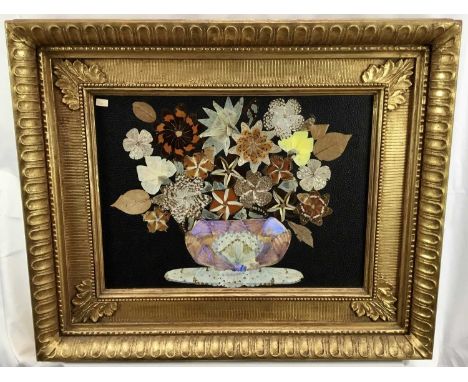 Vintage butterfly wing picture depicting a vase of flowers, 29cm x 39cm, in glazed gilt frame