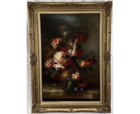 Dutch style oil on panel - still life summer flowers in a vase, 74cm x 49cm, in gilt frame