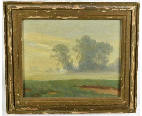 Alfred Blundell (1883-1968) oil on panel, Early Morning, Cuckoo Wood, Icklingham, signed and dated '37, inscribed verso, 37cm