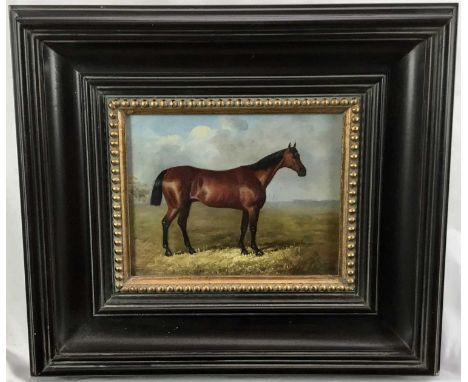 19th century style oil on panel, thoroughbred horse in a landscape, 19 x 24cm, glazed frame
