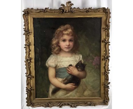 Late 19th / early 20th century English school oil on canvas, a girl with her kitten, signed indistinctly, 61cm x 51cm, in orn