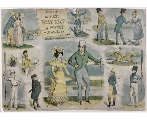 F Chasemore (19th century) coloured lithograph, 'Sketched at the First Boat Race at Putney', 34 x 50cm, framed. Provenance: F