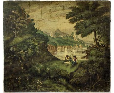 19th century Naive School oil on panel - Figures Fishing on a Lake, 33cm x 38cm, unframed