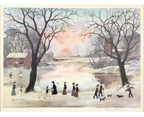 Helen Bradley (1900-1979), print, walk in the park, signed and with blind stamp, 27 x 37cm, glazed frame