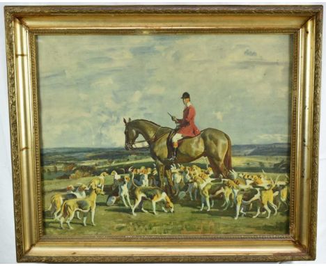 After Sir Alfred Munnings (1878-1959) coloured print - Stanley Barker and the Pytchley Hounds, 48cm x 60cm, in glazed gilt fr