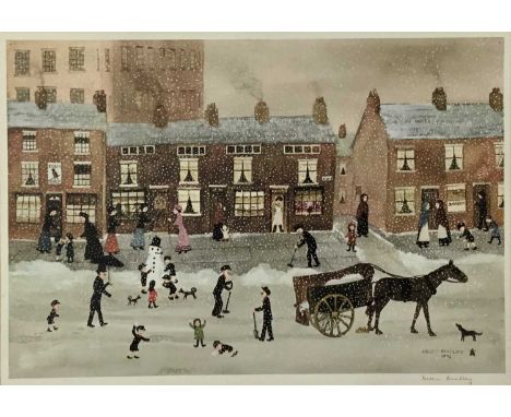 Helen Bradley (1900-1979) print, building a snowman, signed and with blind stamp, 37 x 56cm glazed frame