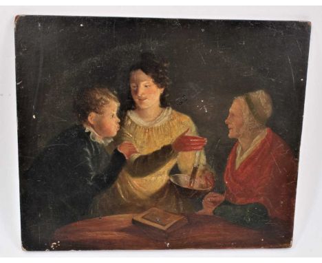 English School, early 19th century oil on panel, interior with figures, 24 x 26cm