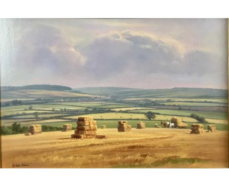 Christopher Osborne (b.1947) oil on panel, Gathering the Bales, signed, 40cm x 60cm, in gilt frame