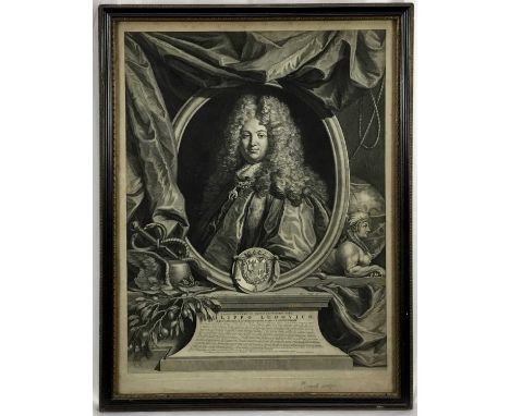 Good early 18th century black and white engraving, dated 1713, 'Philippo Ludvico', framed in oval central panel with globe an