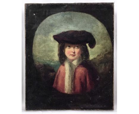 English School, early 19th century, oil on canvas - portrait of a young lady in a red cloak, 30.5cm x 25.5cm, unframed