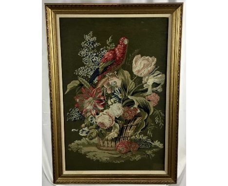 Victorian-style tapestry panel depicting a parrot among flowers, 76cm x 50cm, in glazed frame, together with tapestry pole sc