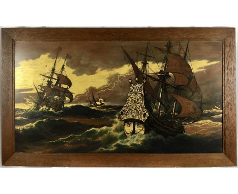 Arthur Twidle (1865-1936) Arts &amp; Crafts oil on teak panel - '17th Century Ships', signed and titled verso, 61cm x 112cm, 
