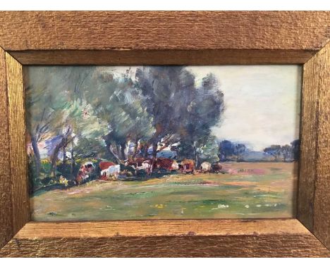 James Herbert Snell (1861-1935), oil on panel, Cattle in Kentish Meadows, inscribed and titled verso, 12cm x 21cm, in gilt fr