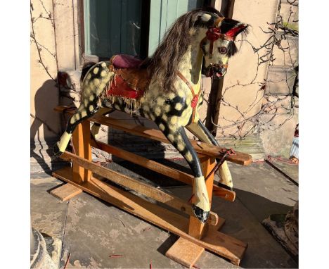 Large antique Childs early 20th century Collinsons of Liverpool  rocking horse on a safety rocker, painted solid wood with or