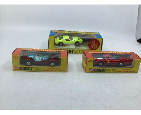 Vintage Die cast Corgi Toy vintage boxed cars ; whizz wheels 384 Adams brothers Probe 16 racing car dark burgundy livery, a C